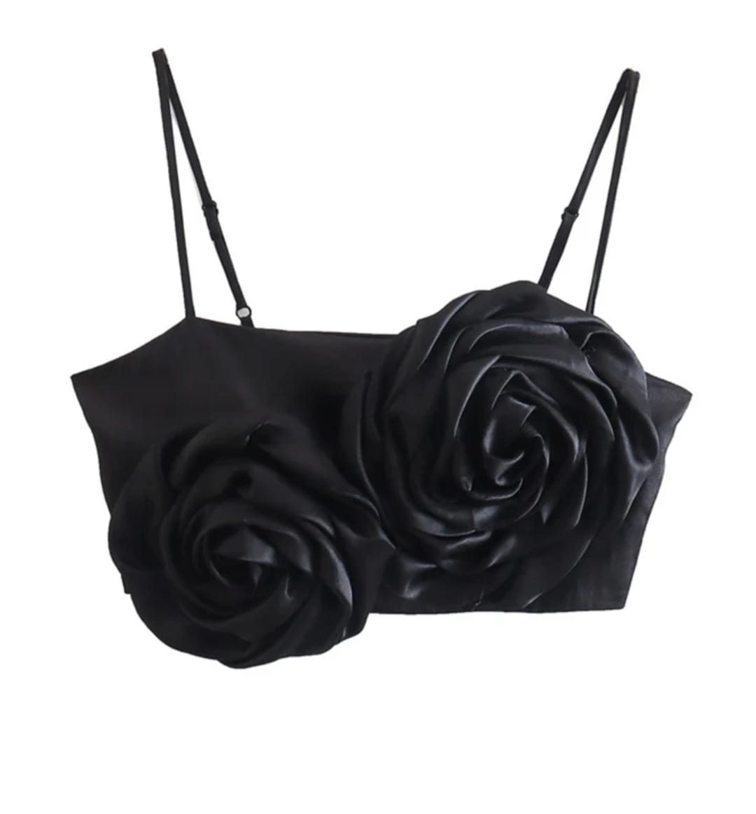 Cropped Top Negro Satin Flores