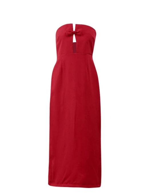 Vestido largo strapless rojo, lazo mini