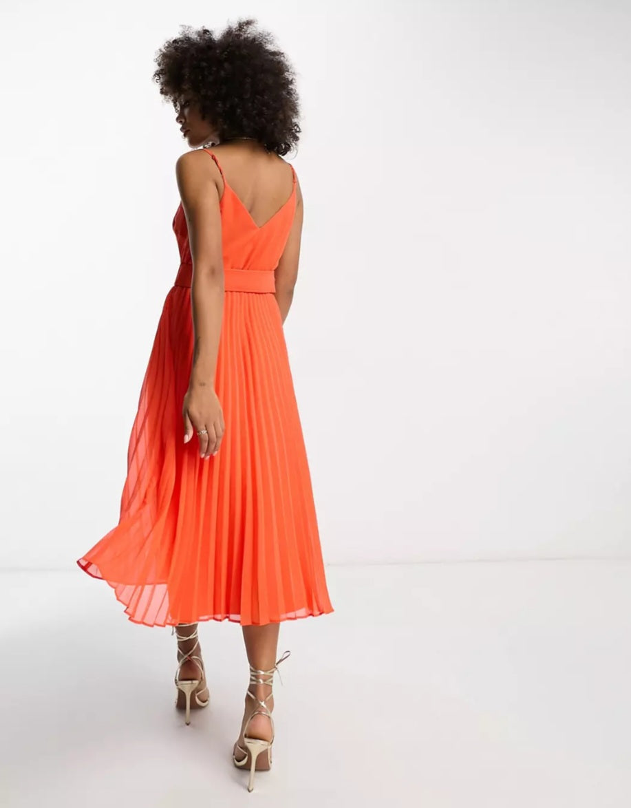 Vestido midi naranja cinturón