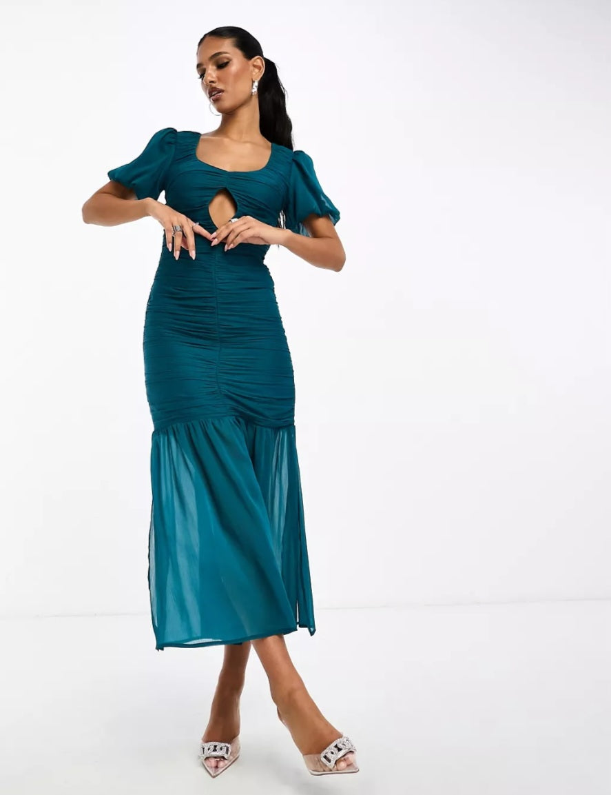 Vestido midi gasa azul teal