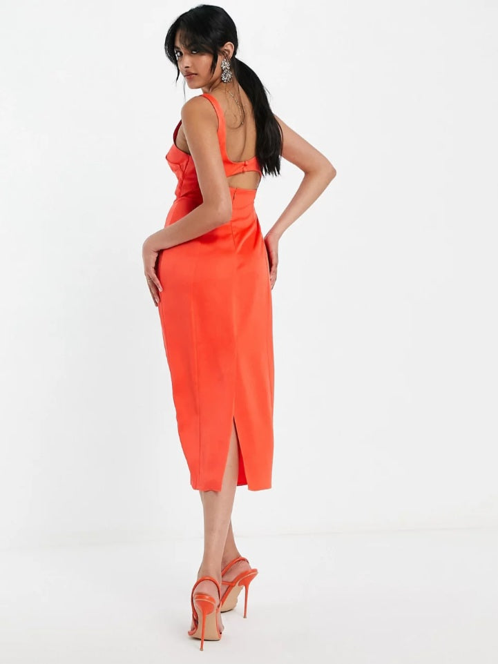 Vestido midi satinado color naranja butano