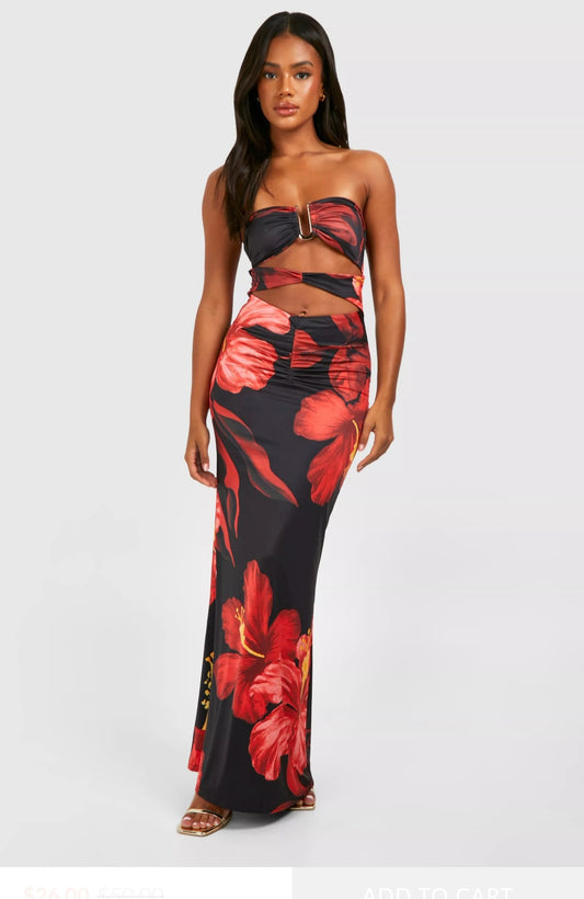 Vestido largo strapless flores rojo y negro stretch