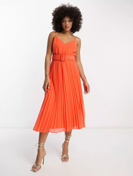 Vestido midi naranja cinturón