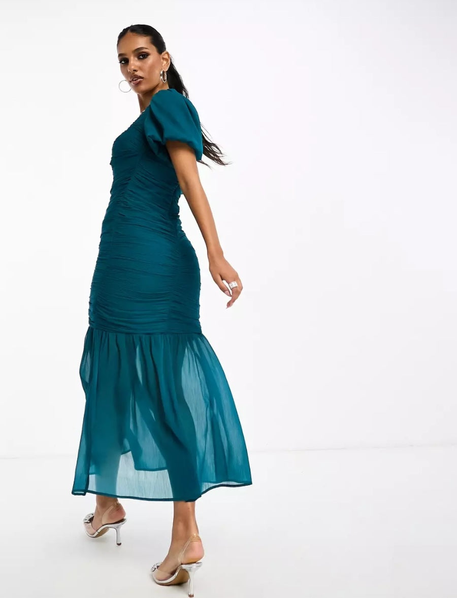 Vestido midi gasa azul teal