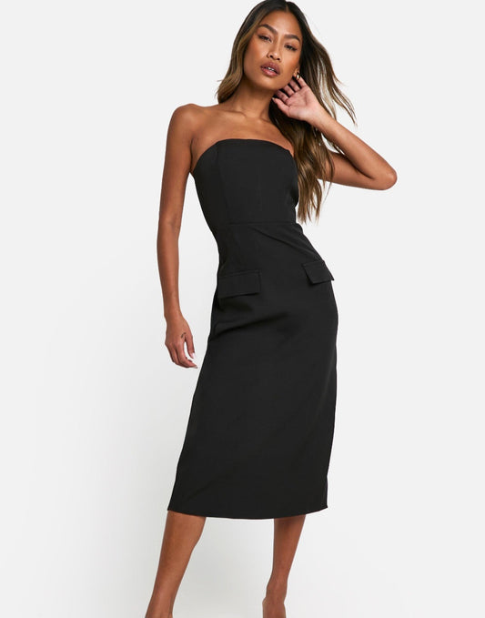 Vestido midi negro strapless bolsillos