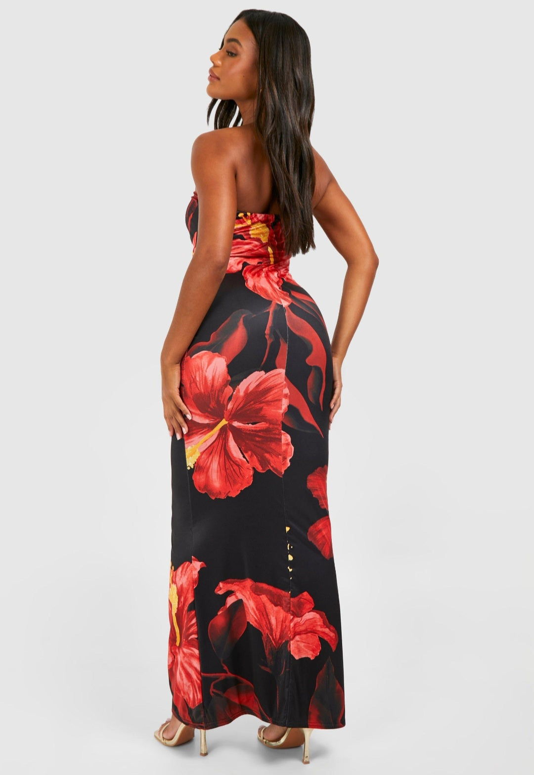 Vestido largo strapless flores rojo y negro stretch